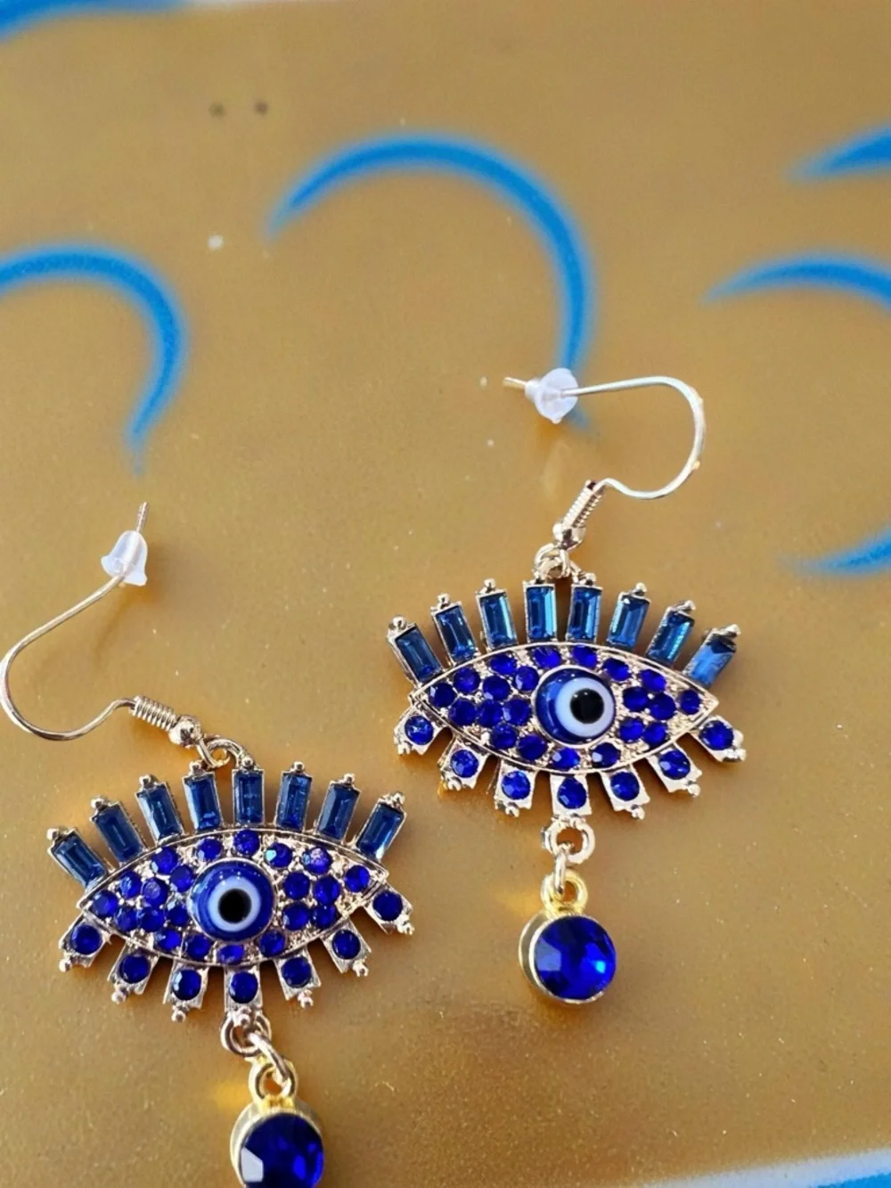 Gold-Tone Evil Eye Drop Earrings with Royal Blue Crystals - Women Jewelry